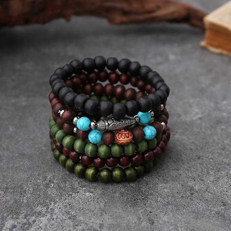 Handmade Beaded Bracelet Men Vintage Multi-Layer Elastic Cord Coconut Wood Beads Adjustable Buddhist Prayer Mala Jewelry Gift
