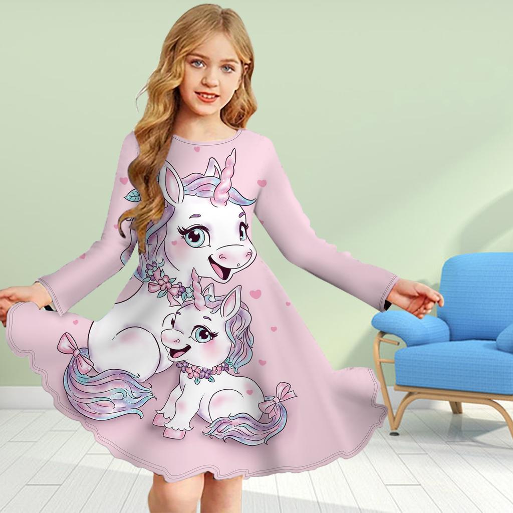 Girl Casual 3D Print Pink Crystal Unicorn Round Neck Long Sleeve Dress Kid Princess Dress