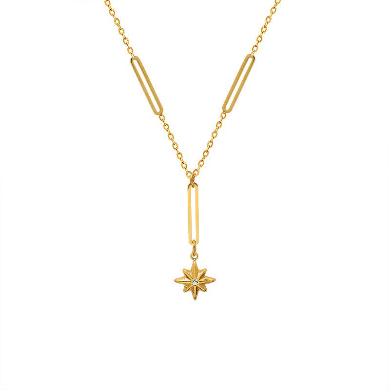 European Eight-Pointed Star Zircon Pendant Necklace, 18K Gold-Plated Titanium Steel with Tassel Lock Design for Women
