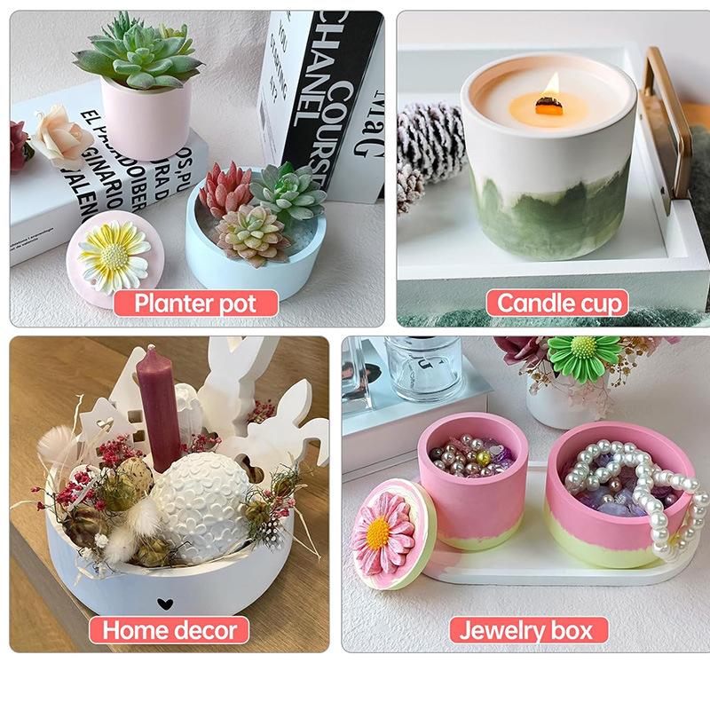 4PCS DIY Gypsum Cement Gypsum Candle Cup Smooth Surface with Cover Flower Face Cover Mirror Silicone Mold Creative Ornament