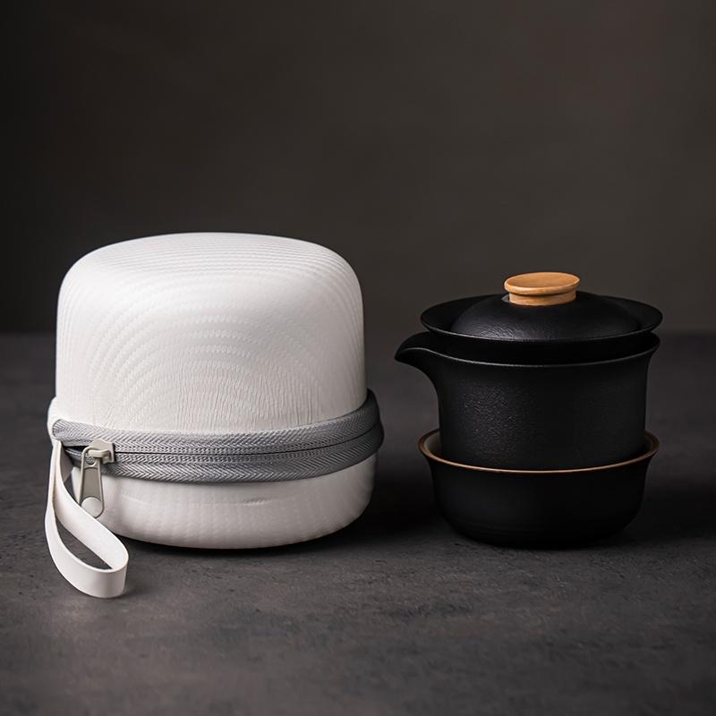 200ml Portable Storage Bag Ceramic Lid Bowl Quick Tea Cup One Pot Three Cups Tea Set
