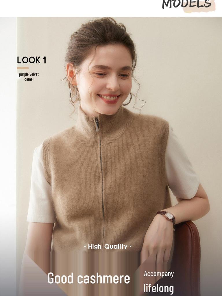 Damen Ärmellose Kaschmirweste - Petite Reißverschlussjacke für Herbst/Winter Mode