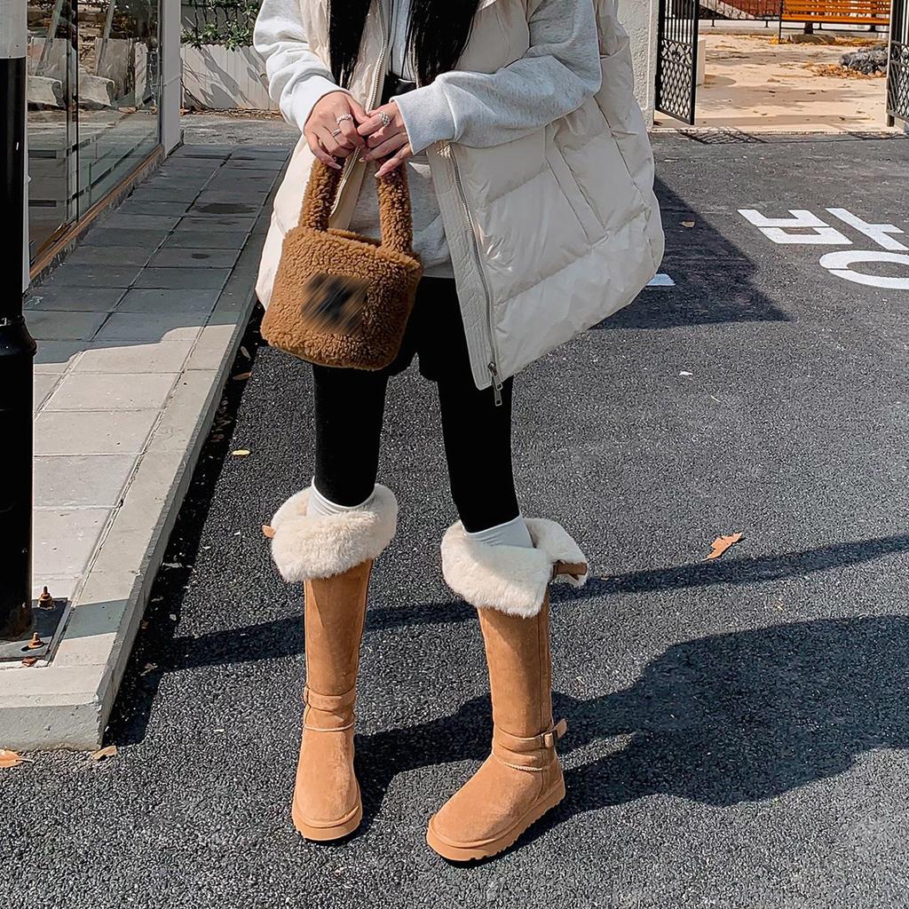 Thick-soled two-wear buckle belt, tall gray snow boots, non-slip and warm, knee-length Northeast cotton boots