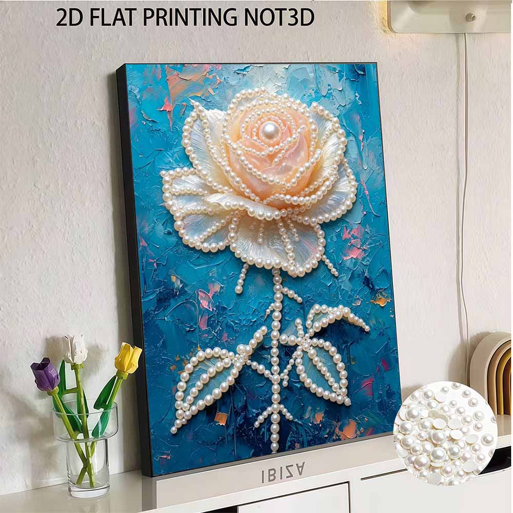 DIY Frameless Pearl Painting Kit Elegant Rose Bloom 3D Shiny Bead Art Canvas Relaxing Craft for Adults Home Wall Decor Gift