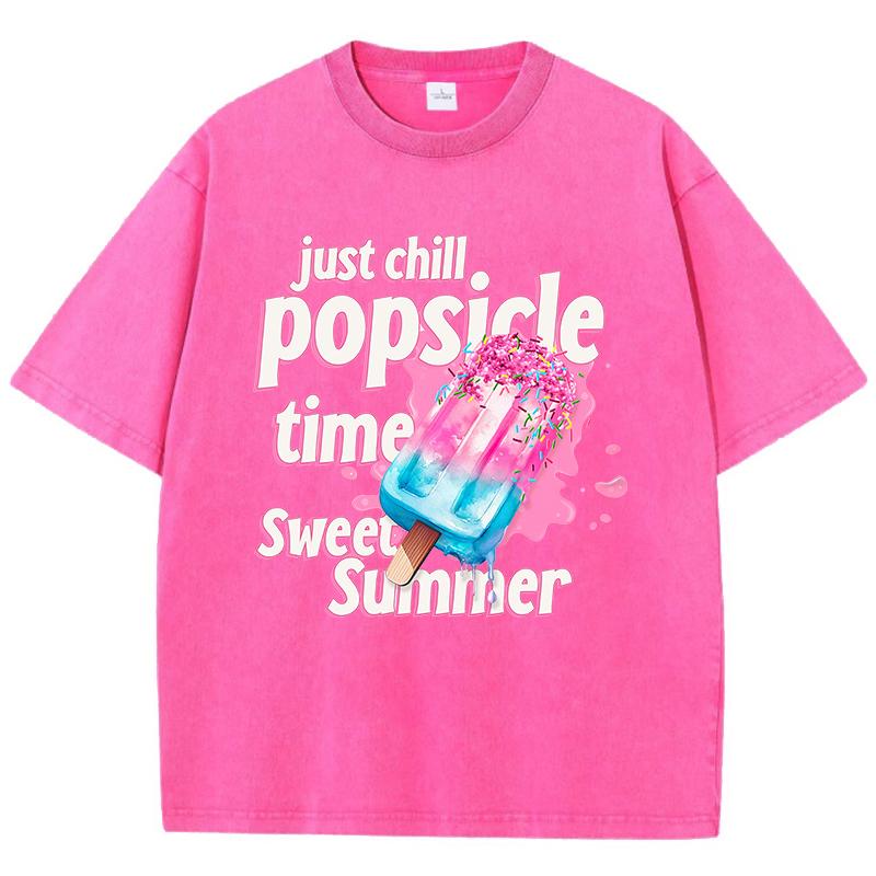 Just Chill Popsicle Time Sweet Summer Cotton Washed TShirt Women Oversize Tops Casual ONeck Distressed T Shirt Hip Hop Clothes