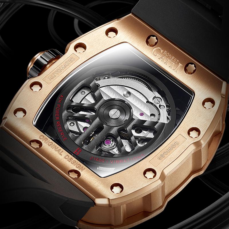 BONEST GATTI BG9904 Luxury Fashion Men's Barrel Shaped Automatic Mechanical Watch Light Coconut Grove Theme Wristwatch for Men