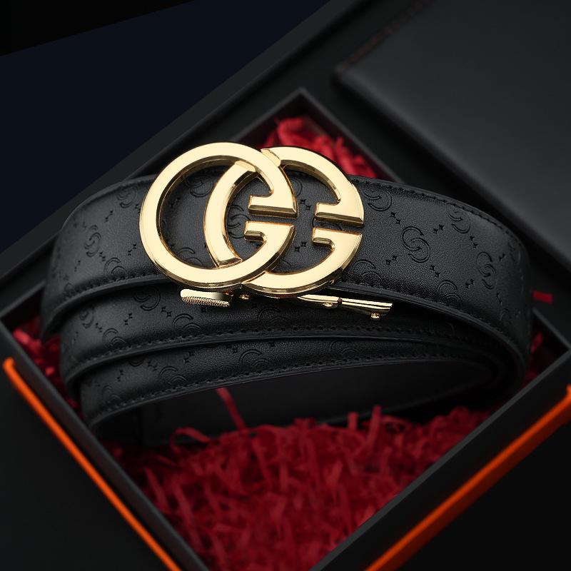 Męski luksusowy dwuwarstwowy pasek ze skóry bydlęcej z automatyczną klamrą i drewnianym pudełkiem prezentowym