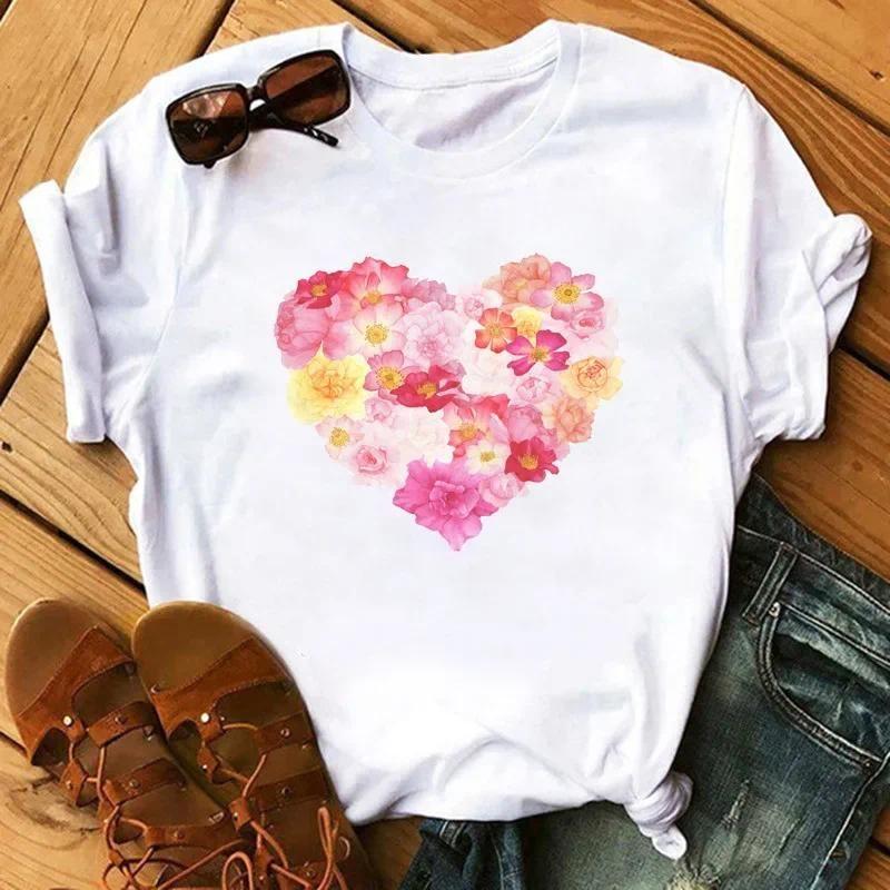 T-shirt Women Neck T-shirt Women T Shirt Love Flower Half Sleeve Cartoon White Letter Aesthetic Clothes