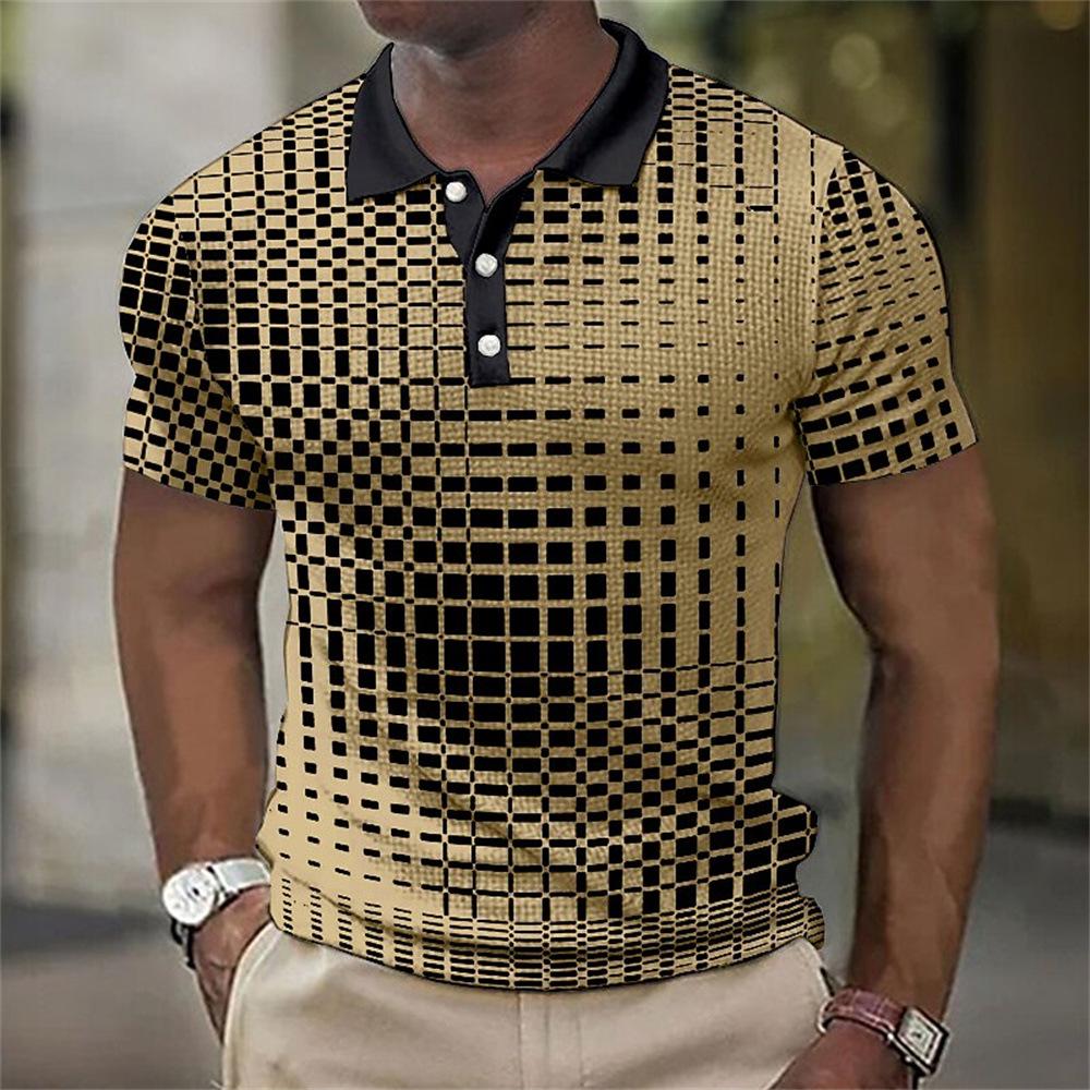 Men's 3D Plaid Print Casual Loose Short Sleeve Polo Shirt