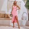 Women Summer Casual V-Neck Sleeveless Dress Solid Color A-Line High Waist Ruffle Hem Irregular Long Dresses Spring Fashion S-XL