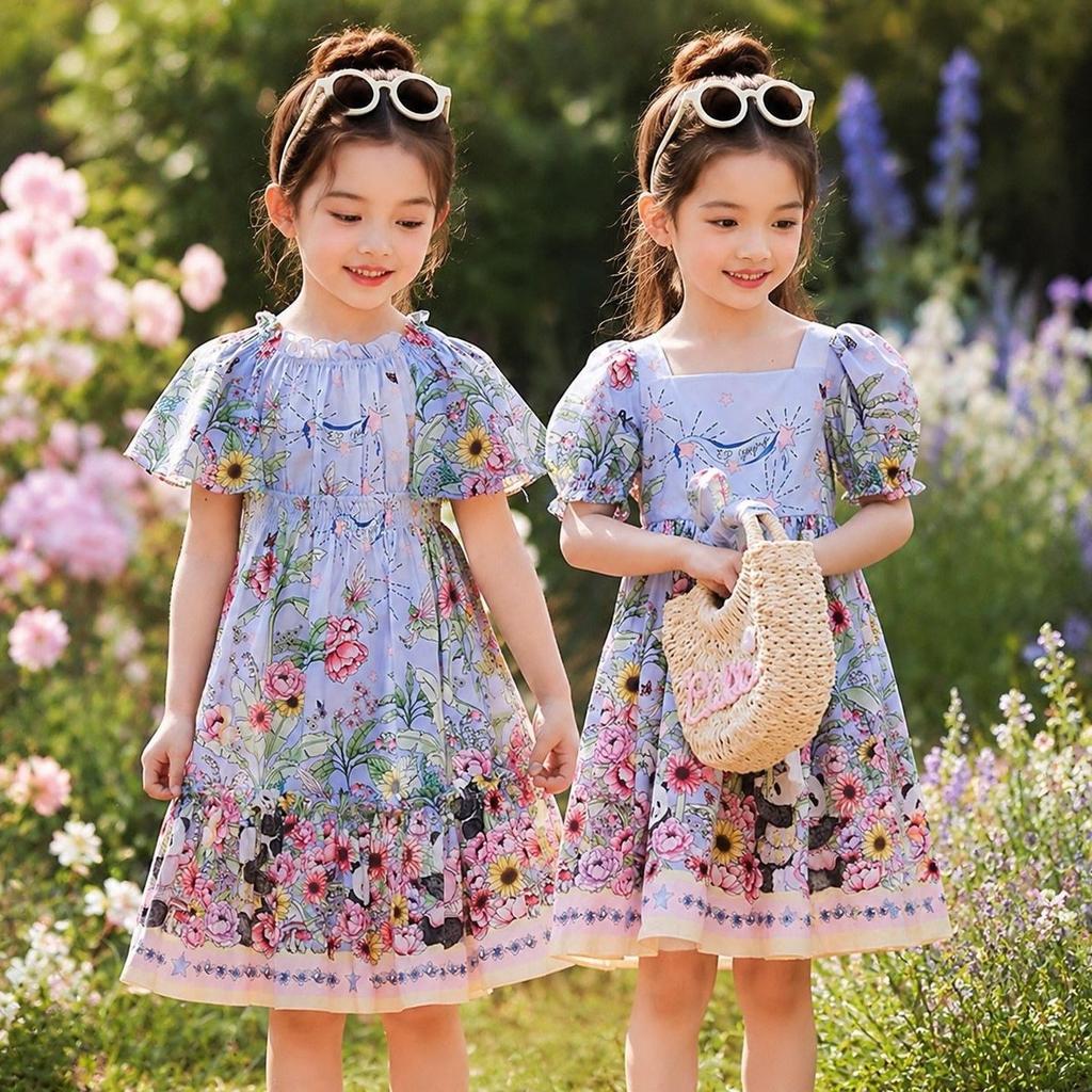 Girls Summer Lightweight Princess Dress with Panda Print and Puff Sleeves