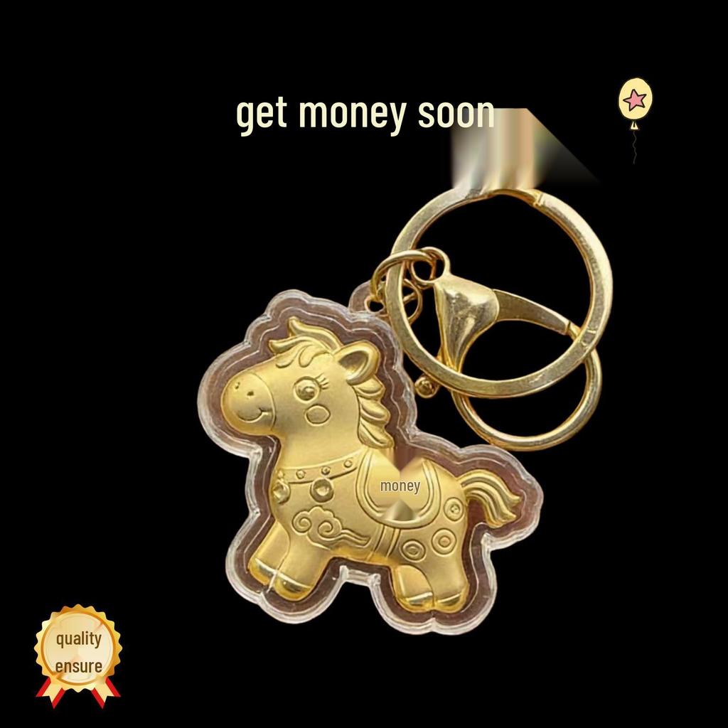 Golden Pony Pendant 2026: Year of the Horse Pure Gold 999 Keychain for Wealth and Traffic Safety.