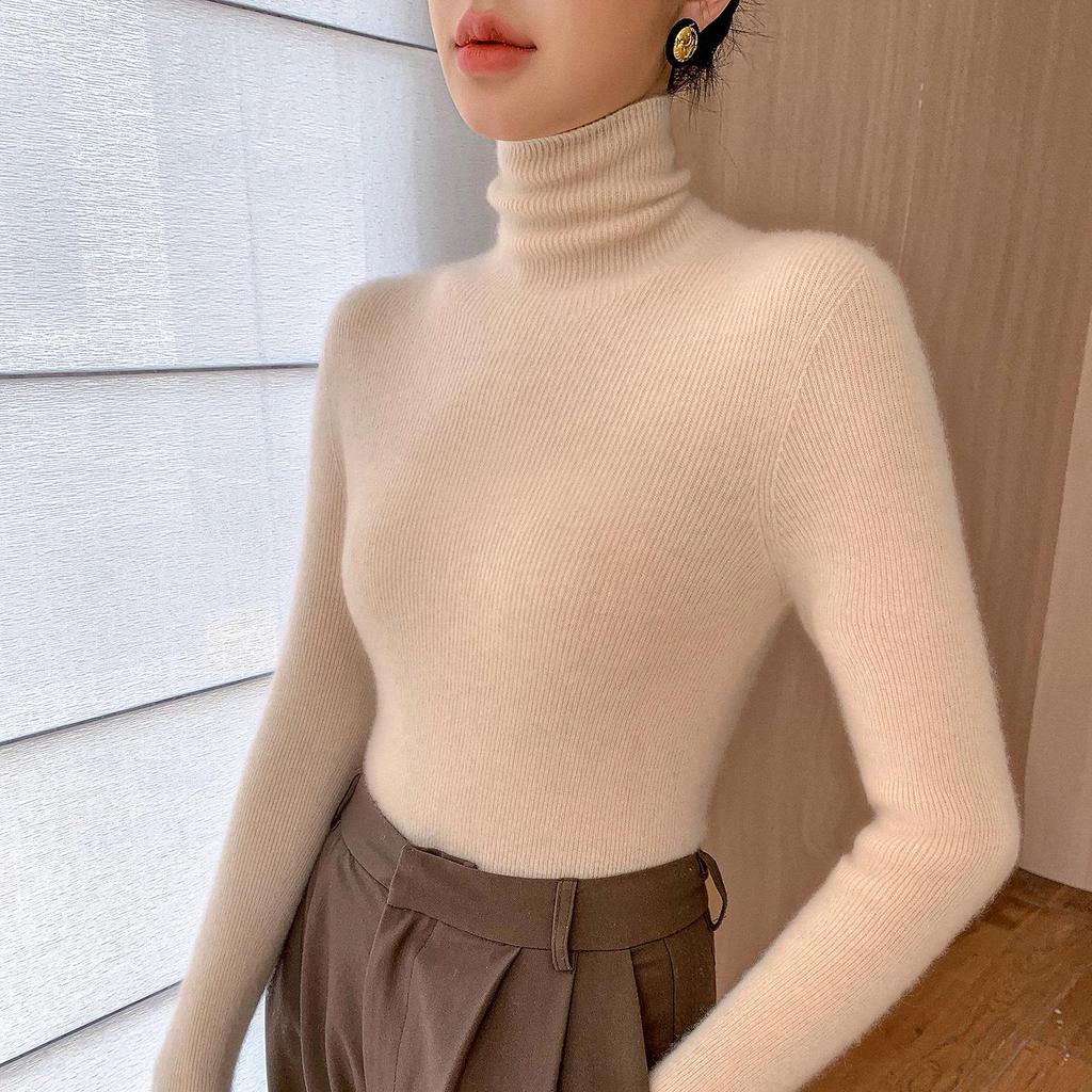Women's Slim Fit High Neck Seamless Wool Sweater