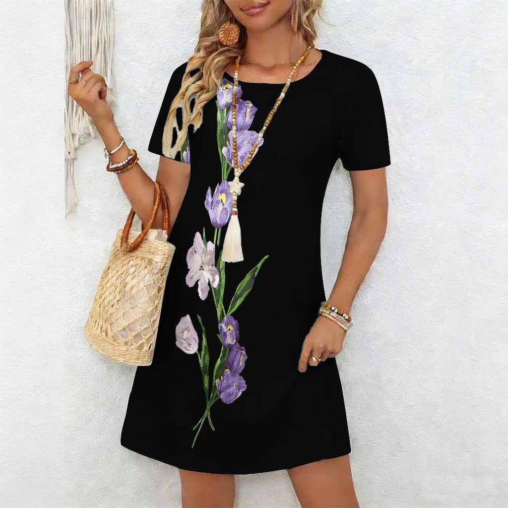 Women's Fashion Graceful Beautiful  Flower Print Summer Spring Short Sleeve O-Neck Casual Dresses
