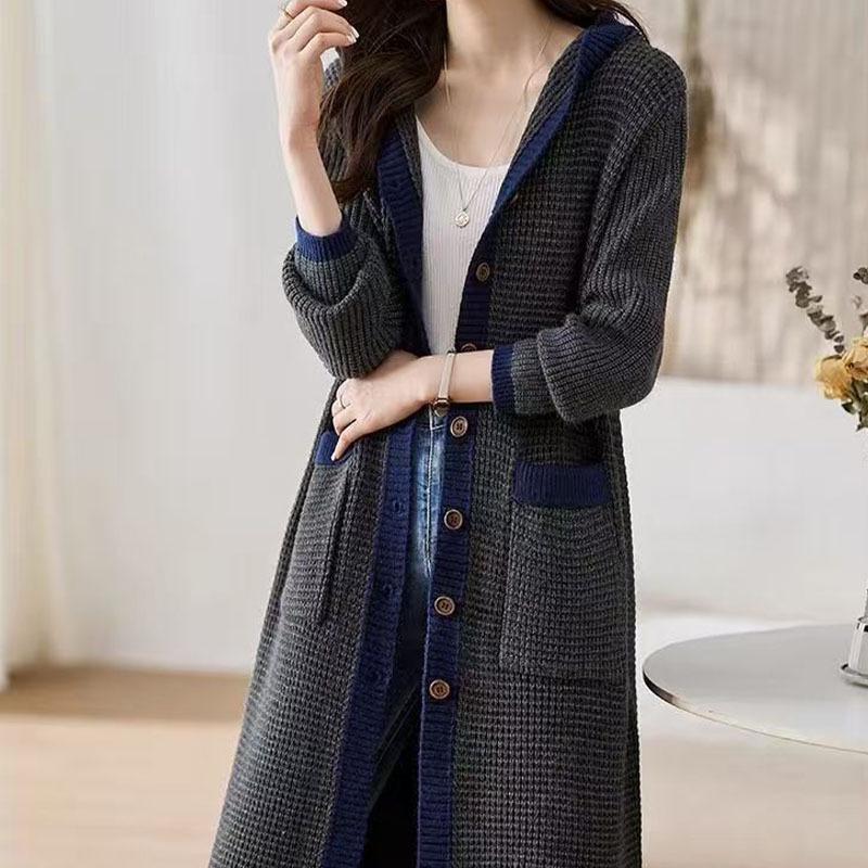 Women's 2026 Winter Korean Style Color Block Hooded Wool Cardigan Sweater Coat