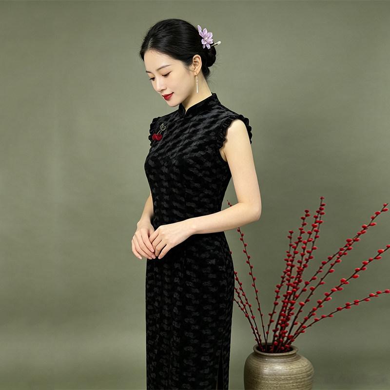Black velvet sleeveless national style Suzhou long autumn qipao, improved youthful style, sophisticated for women, spring-autumn