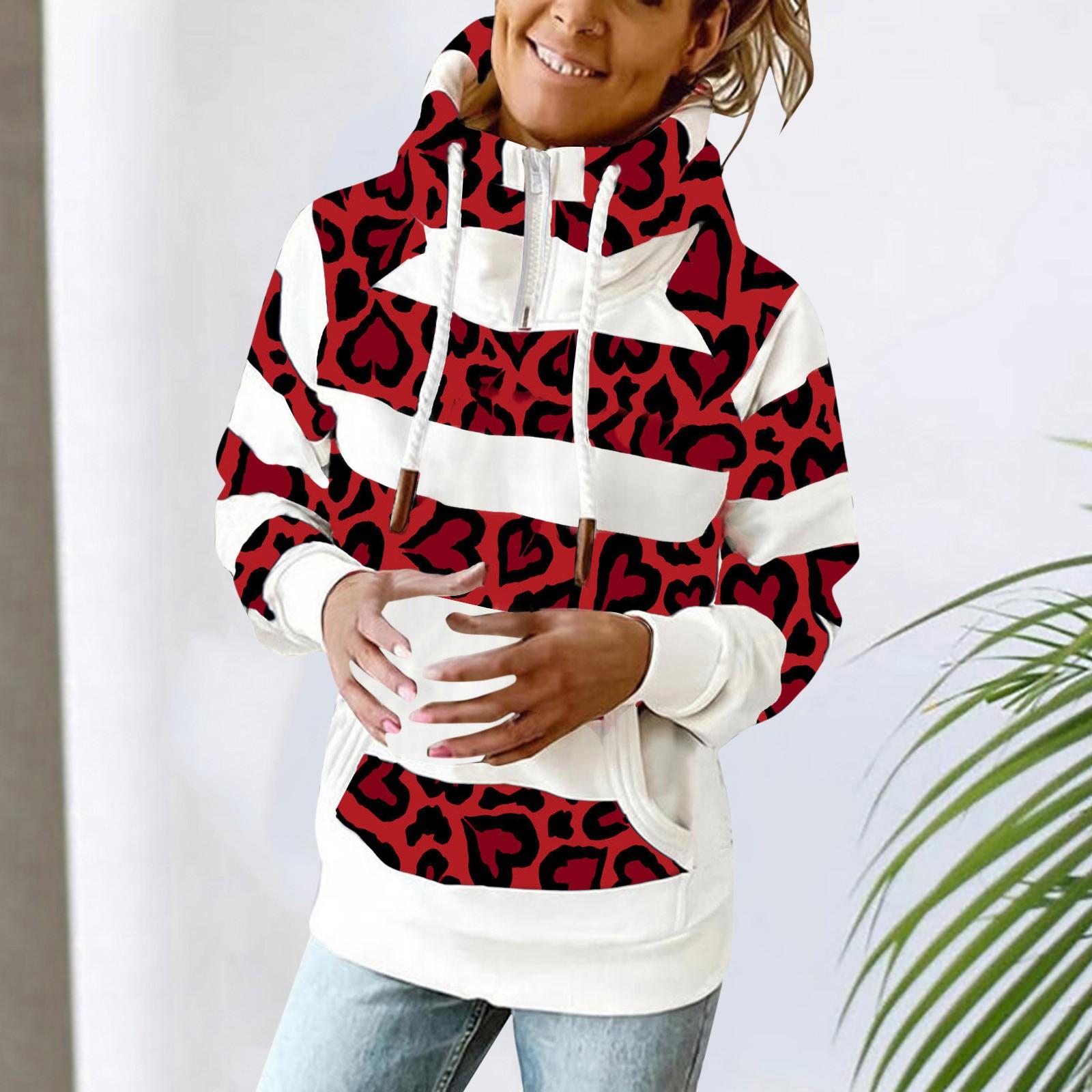 

Женский свитер с леопардовым принтом и капюшоном, красочная повседневная рубашка с длинным рукавом и принтом S красный
