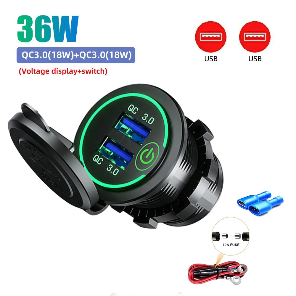 

60 Вт USB-разъем для автомобильного зарядного устройства, водонепроницаемый адаптер для быстрой зарядки PD Type C и двойная розетка QC3.0 с выключателем для морского мотоцикла