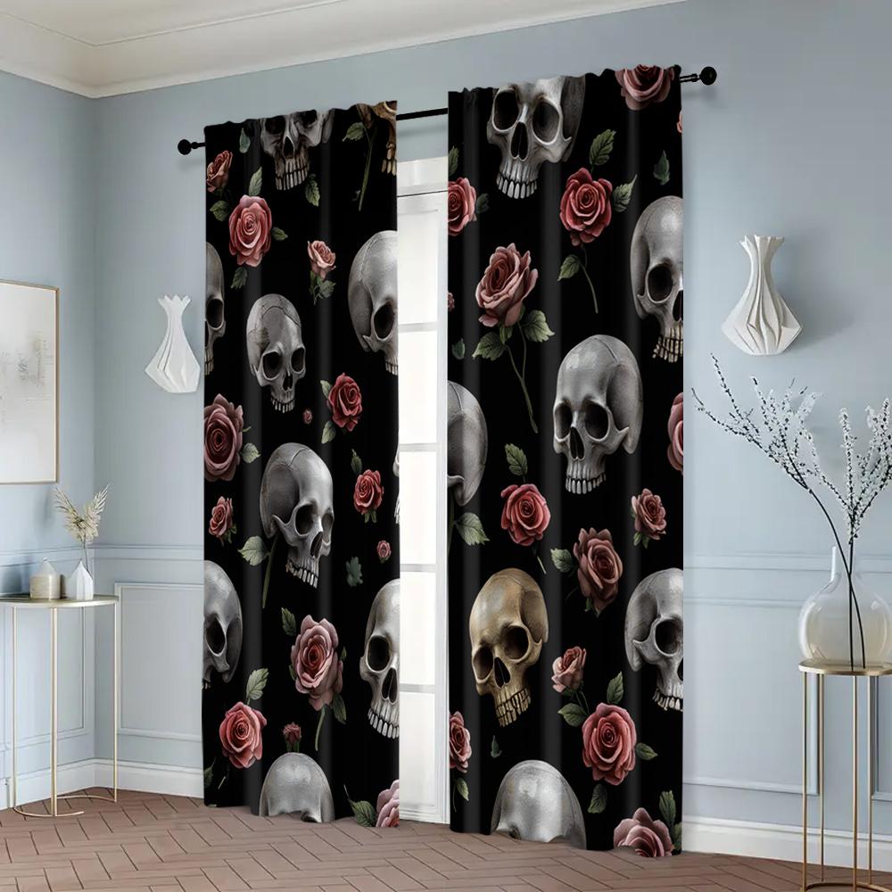 2pcs, Creative Curtains Grey Skull & Floral Peel Versatile 100% Polyester (without Rod) Stuff Clearance Ldeal for Bedroom,