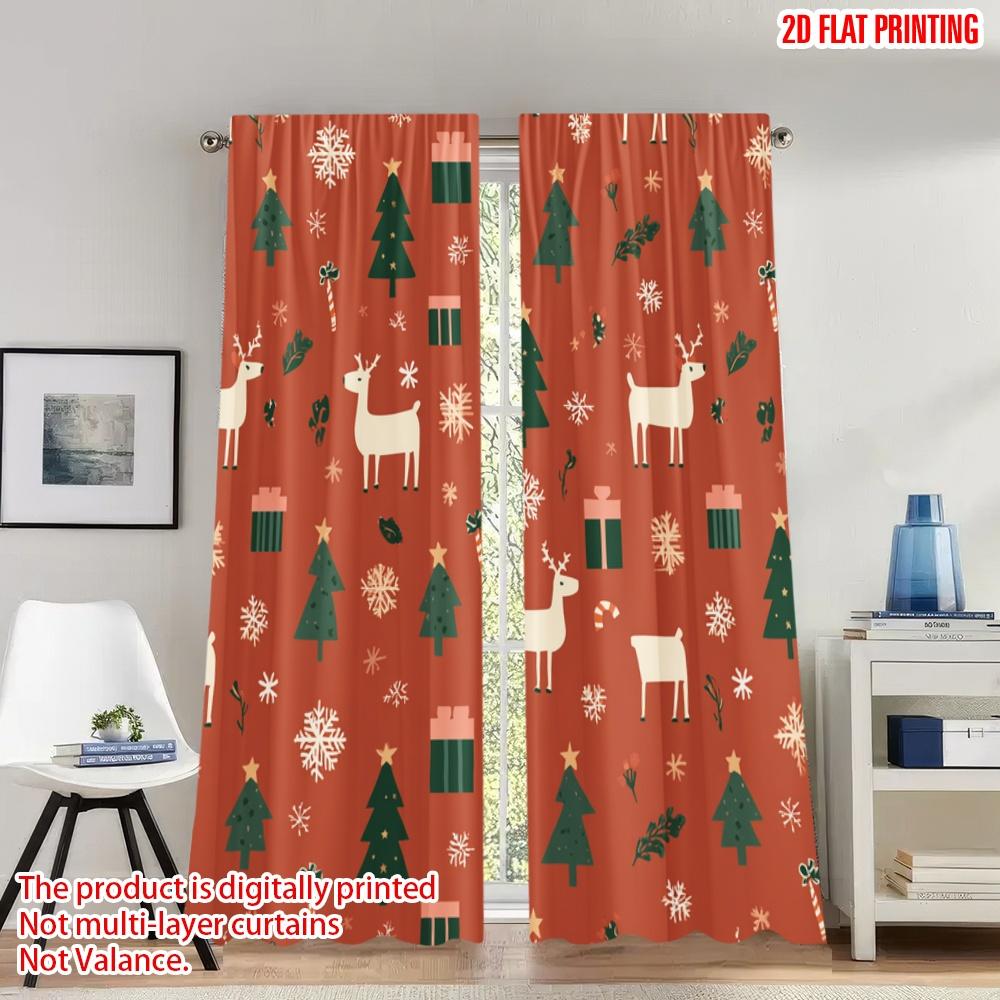 

Set Of 2 Flat Printing Happy Christmas Party Curtains Reindeer Trees Gifts Digital Printed Polyester Drapes Festive Curtain W100*H70(CM)-Hooks&2PCS