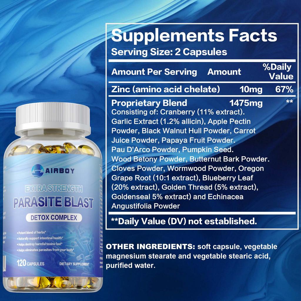 Le capsule Detox Complex aiutano a eliminare i parassiti e a mantenere la salute intestinale.. Sono vegani e adatti agli adulti.