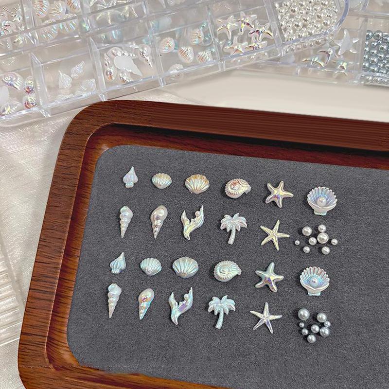 12 Grids/Box Blue White Nail Charm Shell Starfish Mermaid Tail 3d Nail Art Accessories For A Dreamy And Oceanic Manicure Look