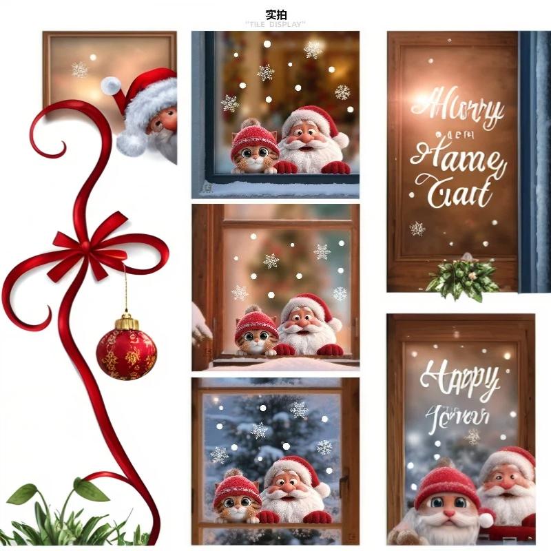 Christmas Window Clings With Cute Santa Cat Snowflake Pattern Removable Self Adhesive For Home Shop Xmas Decoration