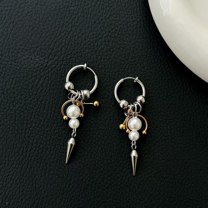 1Pcs Imitation Pearl Tassel Dangle Earrings Punk Gothic Stainless Steel Geometry Horseshoe Nail Rivet Earrings For Women Jewelry