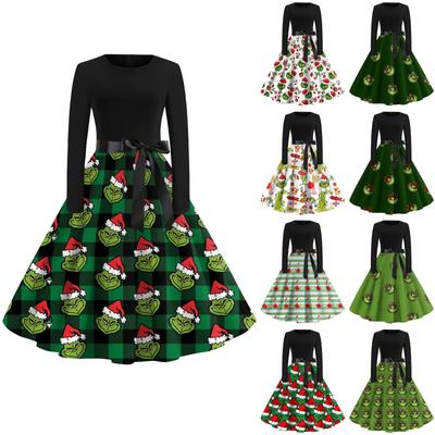 Vestido feminino casual de natal estampado gola redonda grande vestido de manga comprida vestido slim fit