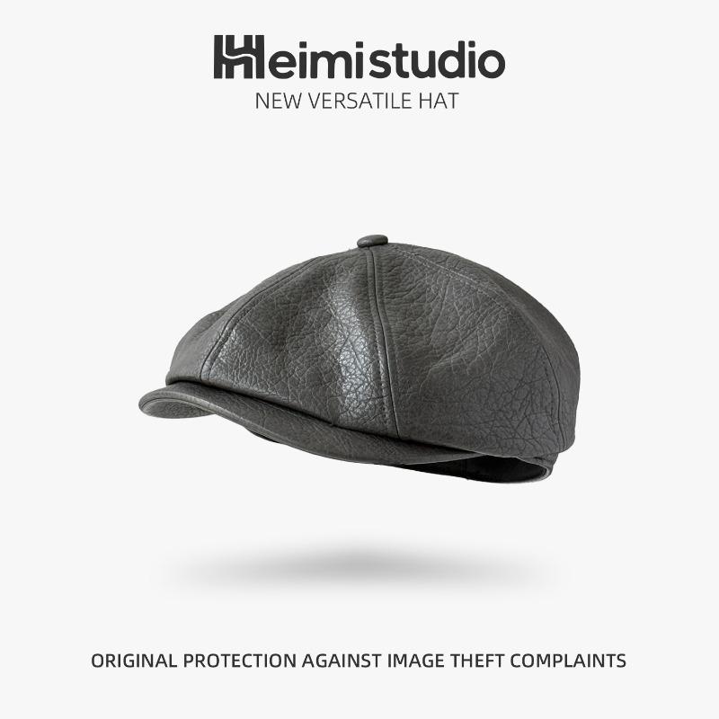 25 early autumn new lychee pattern retro modern leather pu street fashionable forward hat daddy hat