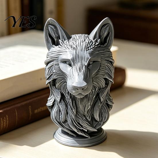 Ornamento da scrivania a forma di lupo durevole, statuetta con testa stampata in 3D, statua realistica con base rotonda scolpita, animale selvatico per decorazione di casa, ufficio, libreria