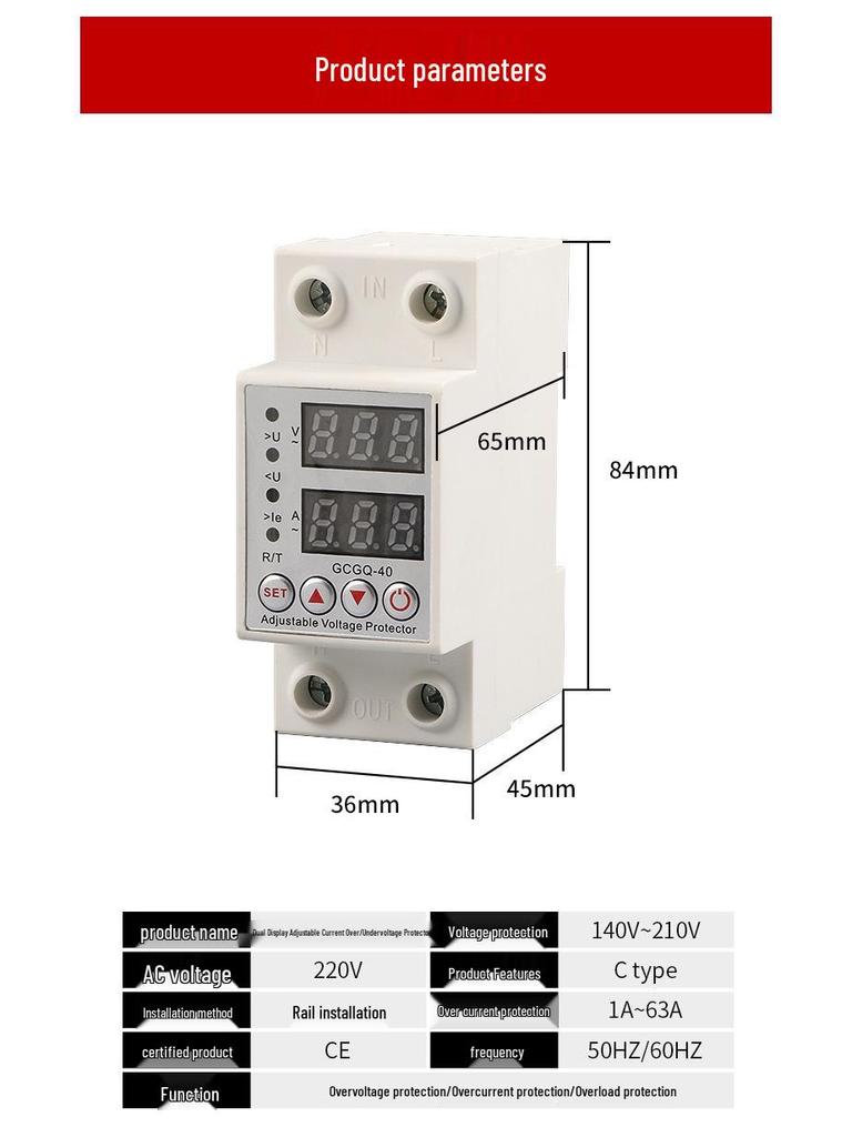 Dual Display Adjustable Current Protector with Over/Undervoltage, Overpressure, and Overload Protection