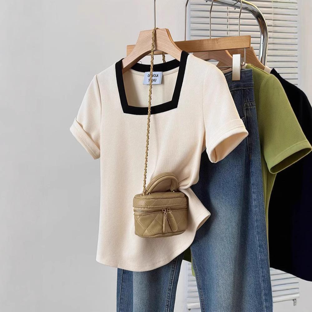 Plus Size Women's Stylish Square Neck Short Sleeve Summer T-shirt - Pure Cotton, Slimming, Up to 200 Jin.