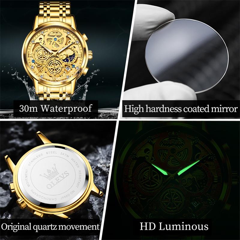 OLEVS Luxury Gold Steel Watch Men Luminous Moon Phase High Quality Sports Watches Imitation Mechanical Style Male Wrist Watch