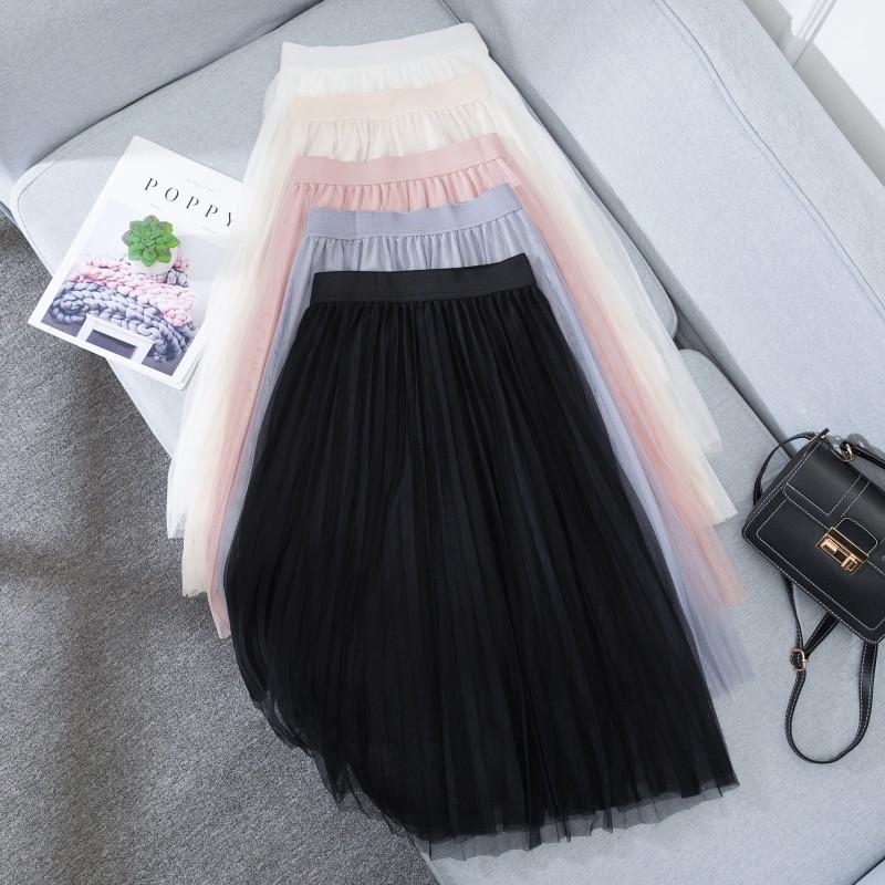 Elegant Women Tulle Skirt Korean Fashion Mesh White A Line Ladies Pleated Skirt Summer Chic High Waist Black Party