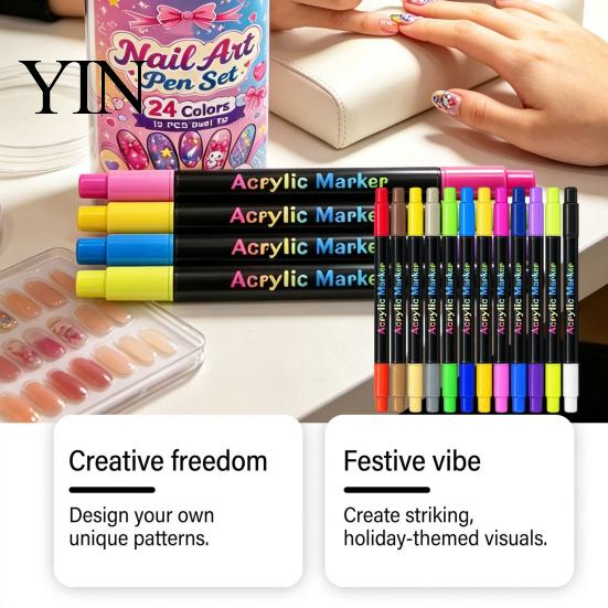 Creative Nail Art Accessories 12Pcs Dual Ended Pens Set, 24 Colors Markers with Double Brush Tips, Acrylic Quick Dry Water-Based Drawing Pen