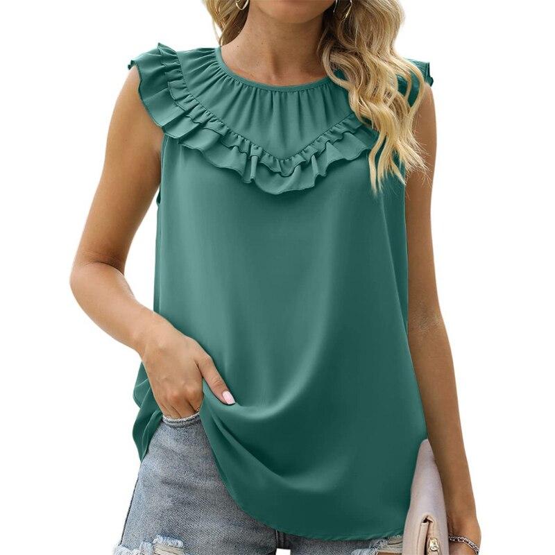 Summer Ruffles Loose Sleeveless White Shirts Women Elegant Casual Chiffon Blouse Women Solid O Neck Tops Shirt Blusas  25556