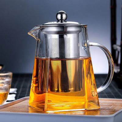 Heat-Resistant Glass Teapot, with Stainless Steel Filter Baskets, Clear Kettle, Brewing Tea Pot, Heatable Pitcher, Jug, Square