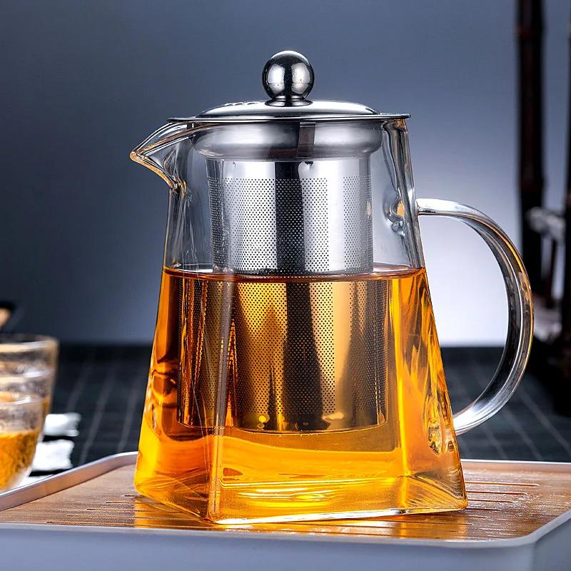 Heat-Resistant Glass Teapot, with Stainless Steel Filter Baskets, Clear Kettle, Brewing Tea Pot, Heatable Pitcher, Jug, Square