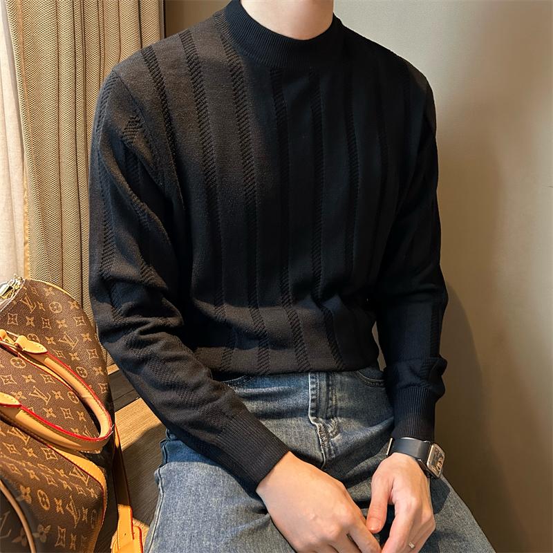 Autumn New Men's Plaid Jacquard Long-Sleeved T-shirt Fashion Slim Half Turtleneck Stretch All-Matching Sweater