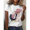 Europäische Größen Damen Ganzkörper-Print-T-Shirt mit 3D-Pinker Rose Schwarzem High-Heel-Schuh - Kurzarm Rundhals Lässige Bluse für - Tragen, Outfits