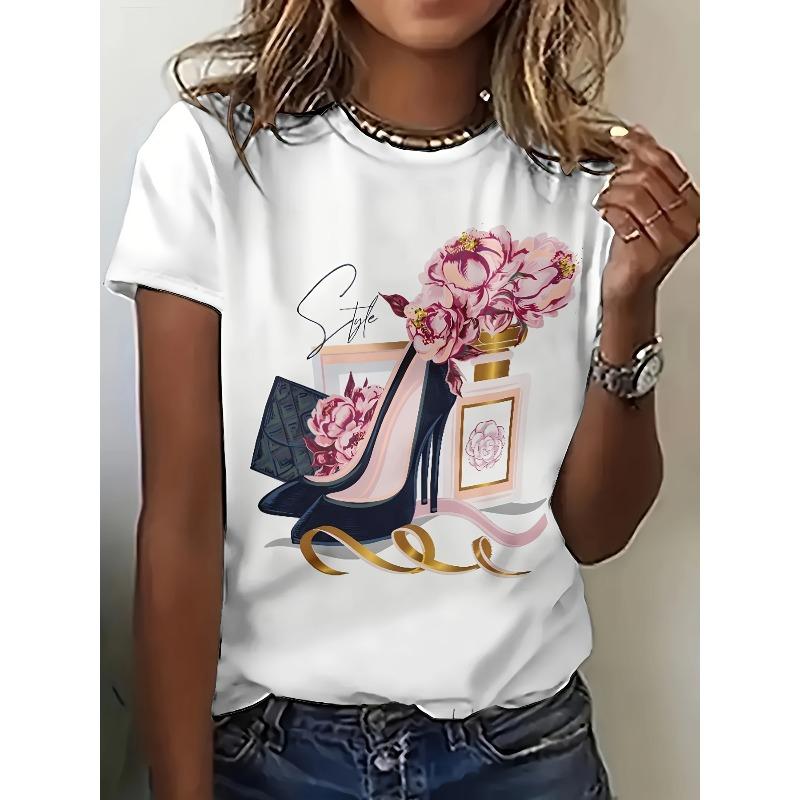 Europäische Größen Damen Ganzkörper-Print-T-Shirt mit 3D-Pinker Rose Schwarzem High-Heel-Schuh - Kurzarm Rundhals Lässige Bluse für - Tragen, Outfits