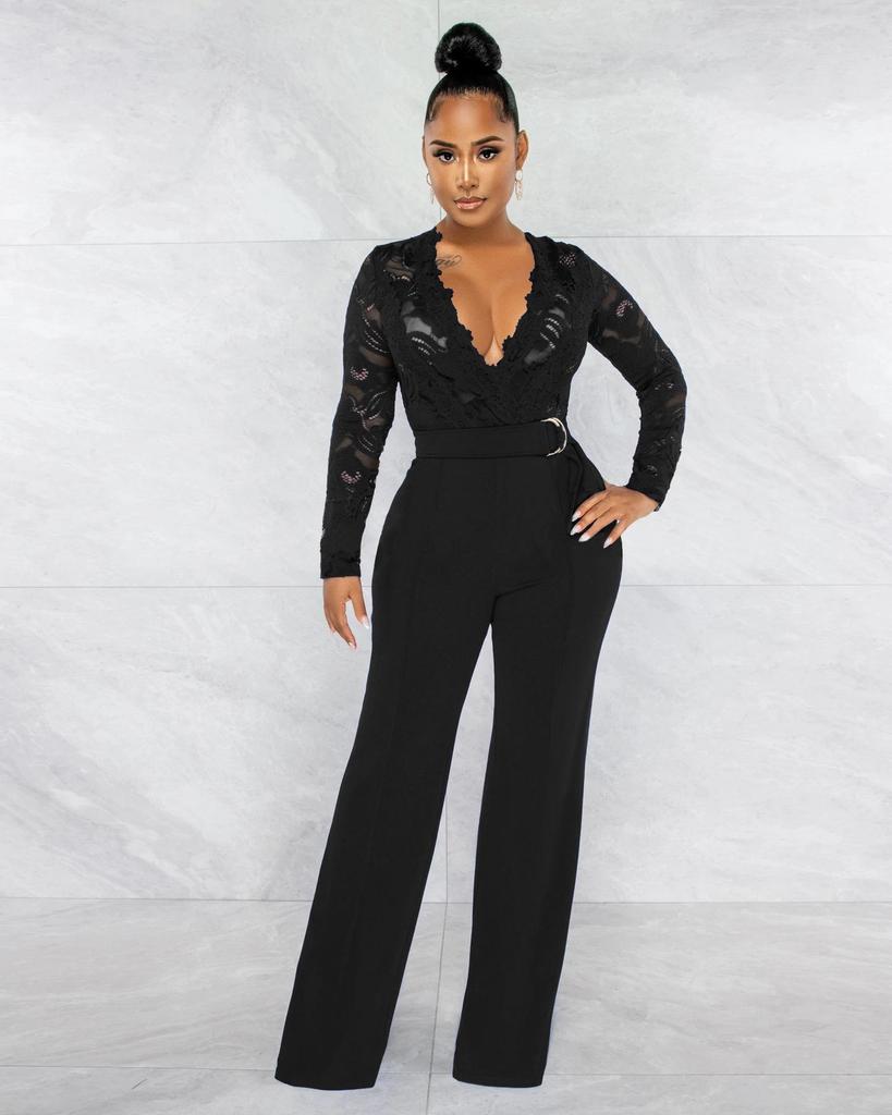 Elegant V-Neck Lace Slim Fit See-Through Jumpsuit