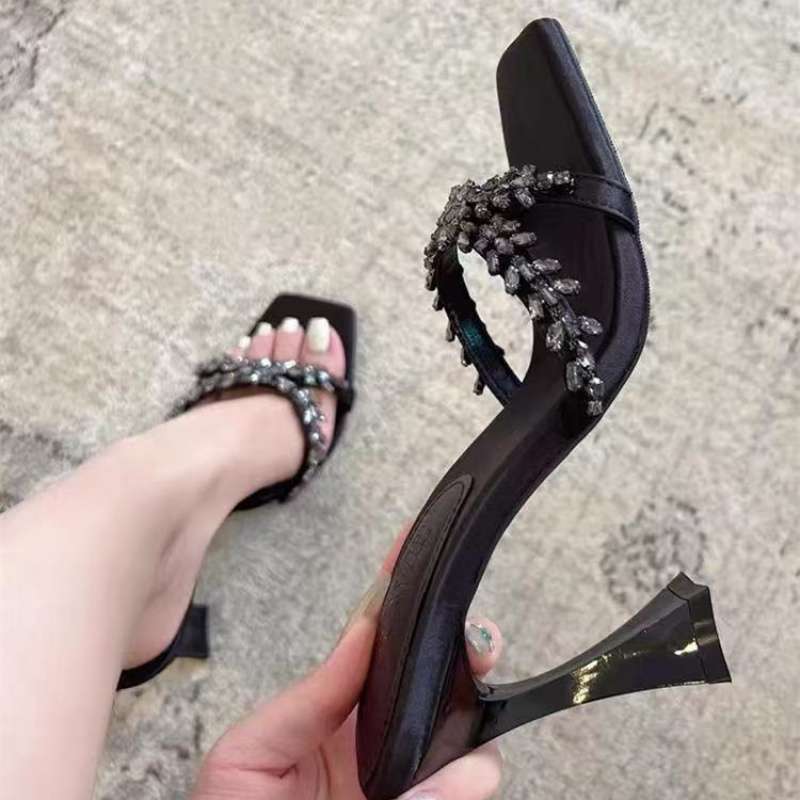 2025 summer new square-headed rhinestones with sandals women's thick heels open-toed high-heeled slippers poplar forest half-drag
