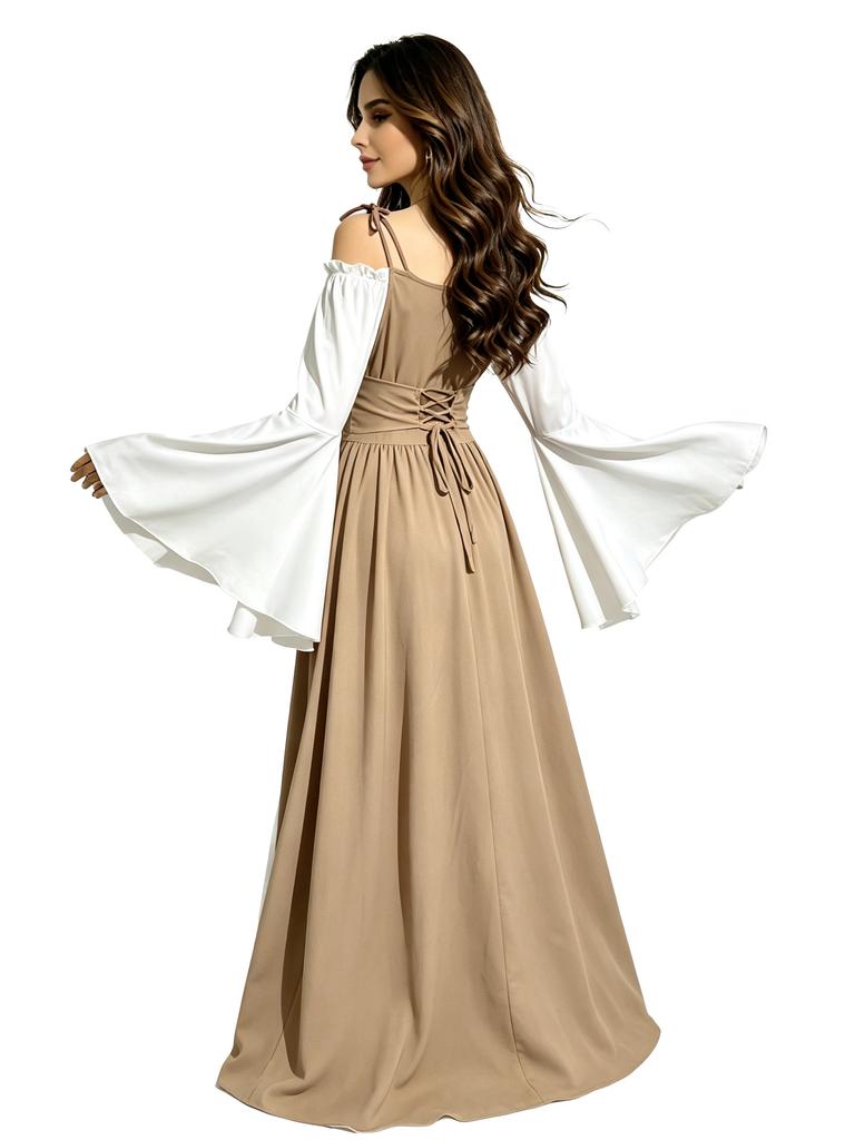 Damen Mittelalter Renaissance Kleid Schulterfrei Glockenärmel Schnürkorsett Vintage Halloween Cosplay Langes Maxikleid