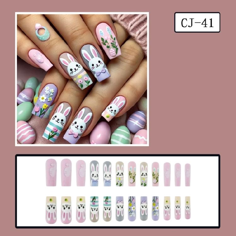 Square Press on Nail Medium Easter False Nail Full Cover Stick on Nail Cute Rabbit Acrylic Nail for Fashion Women 24Pcs