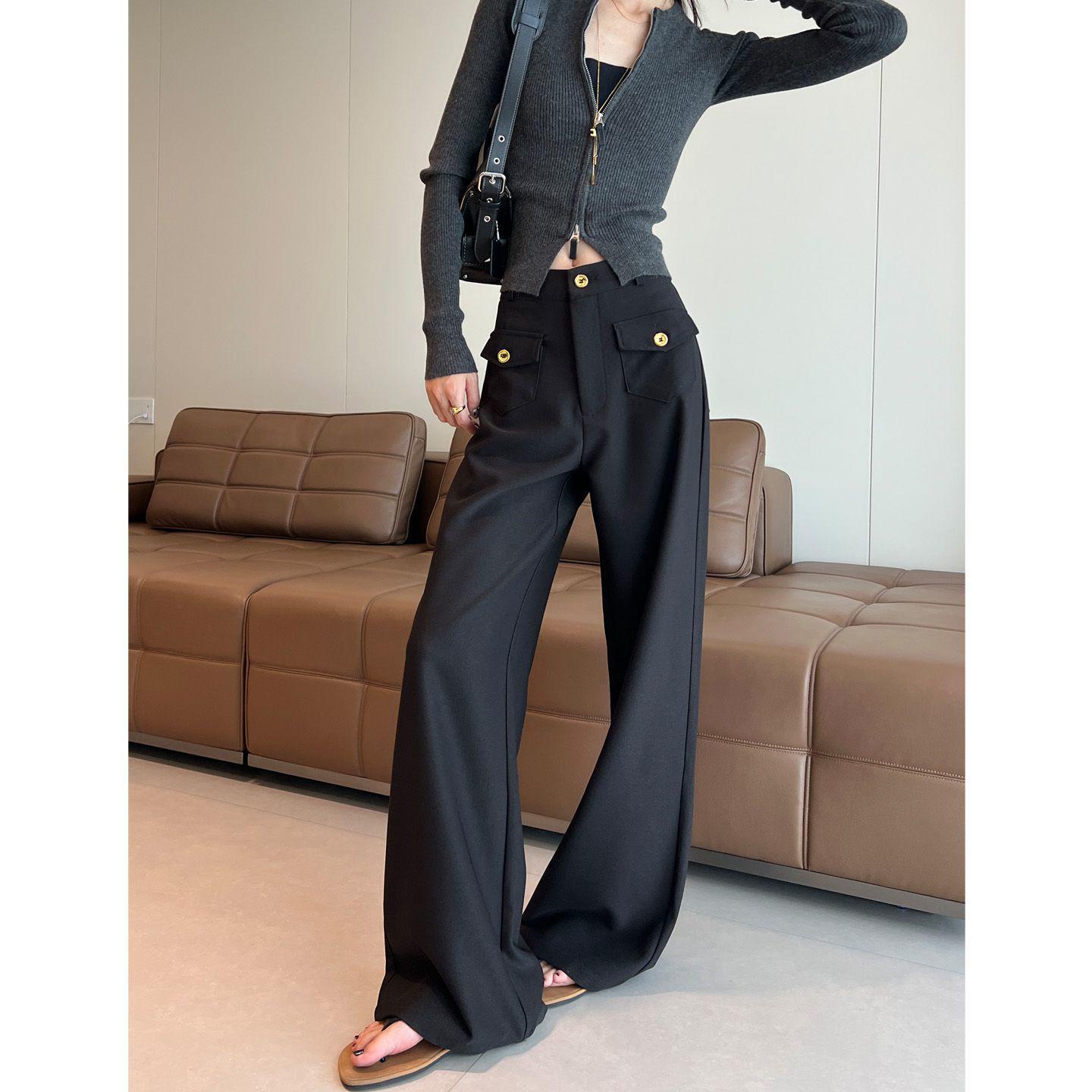 

Women s High-Waisted Black Wide-Leg Pants - Spring/Autumn Drapey Suit Pants with a Relaxed Fit M [95-105 lbs]