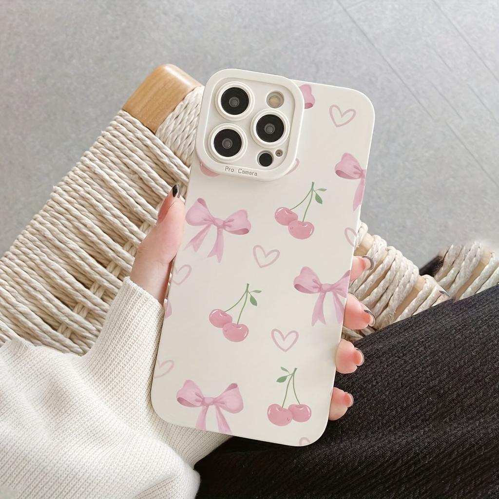 An Ivory White Phone Case with a Bow, Heart, and Cherry Design, Suitable for iPhone 17, 16, 15, Plus, Pro, Max Series Phones - Ideal for Gifting
