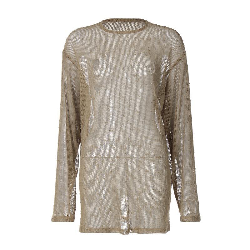 Sexy Perspective Knitted Hoodie Women's Solid Color Loose Round Neck Long Sleeved Top T-shirt Summer New Fashion