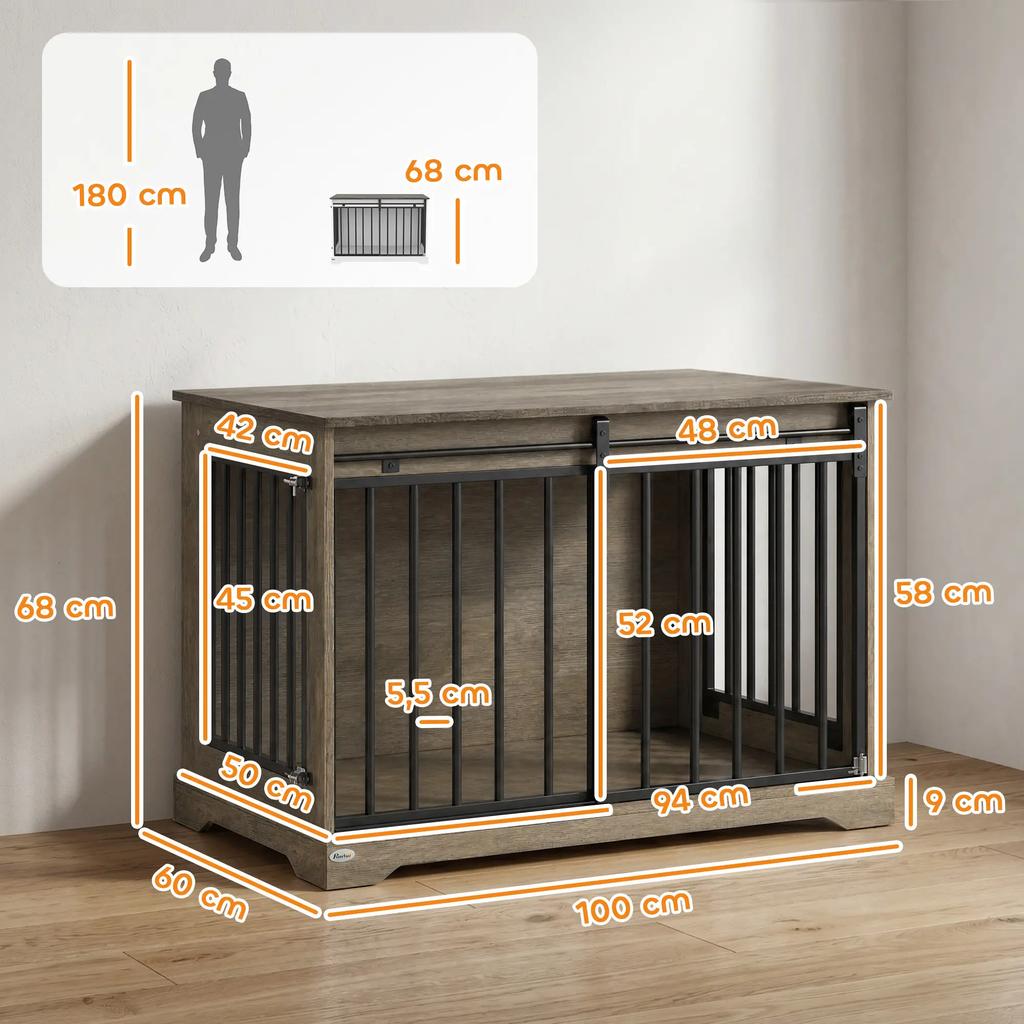 PawHut Hundebox aus Holz und Stahl mit Schiebetür, Beistelltisch, Modernes Hundezwinger, 100x60x68cm, Grau Holzoptik